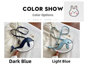 Detailed view of cute whale-shaped crossbody bags in dark and light blue colors.