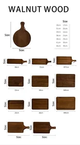 Size chart for various walnut wood cutting boards and serving trays with dimensions