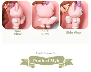 Detailed views of a pink fox character keychain showing side and back angles.