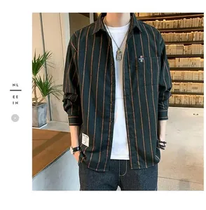 Trendy casual men's striped long-sleeved shirt in a loose Hong Kong style for autumn.
