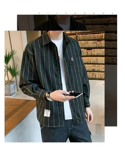 Detailed view of men's striped long-sleeve shirt with casual loose fit design