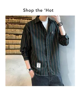 Men's loose vertical striped long-sleeved shirt with a trendy Hong Kong style design