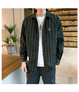 Men's stylish dark green striped long-sleeved shirt with a relaxed fit and chest pocket