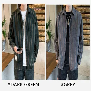Men's loose striped long-sleeve casual shirt in dark green and grey colors, detail