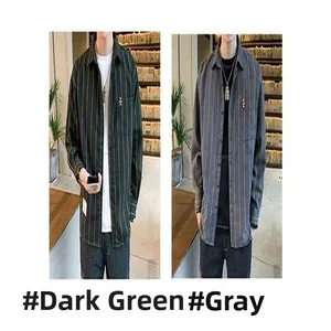 Men's loose striped long-sleeve casual shirt in dark green and grey colors, detail