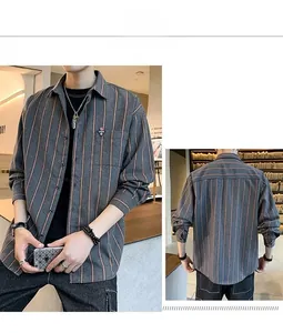 Stylish men's loose-fit long-sleeved shirt with vertical stripes front and back view