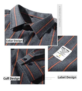 Detail shots of men's grey striped long-sleeved shirt showing collar and cuffs