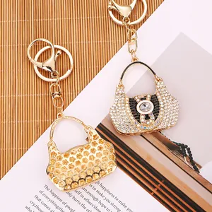 Elegant creative rhinestone handbag keychain with gold metal car key ring for women