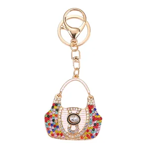 Colorful sparkling rhinestone handbag keychain for women with gold metal ring and clasp
