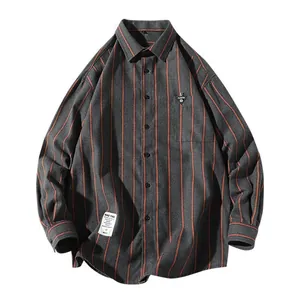Casual grey and orange striped long sleeve button down shirt for men loose fit style