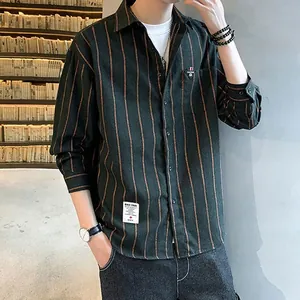 Stylish men's vertical striped long sleeve casual shirt featuring button-down design