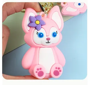 Detailed close-up of a pink LinaBell cartoon fox silicone keychain charm