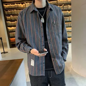 Casual oversized men's grey long sleeve shirt with orange vertical stripes fashion