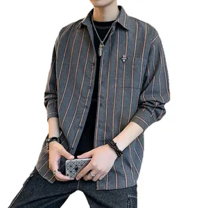 Stylish men's casual vertical striped long-sleeve shirt with a loose fit urban design