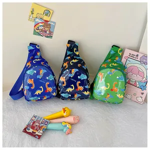 Detailed view of three colorful children's cartoon dinosaur chest bags for boys and girls