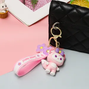 Adorable pink fox cartoon keychain with sweet heart strap and bow detail for bag