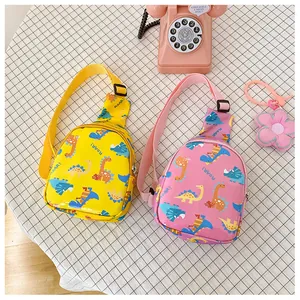 Colorful cartoon dinosaur kids chest bags in yellow and pink, lightweight crossbody design