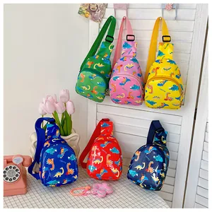 Detailed view of colorful cartoon dinosaur chest bags for children in various colors