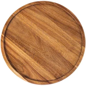 Professional round acacia wood serving tray and cutting board with natural wood grain
