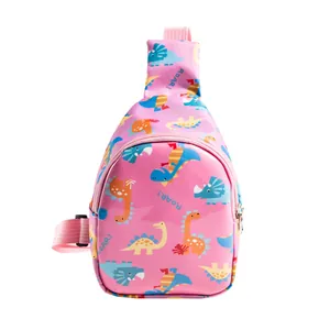 Pink children's chest bag featuring colorful cartoon dinosaur patterns and ROAR text