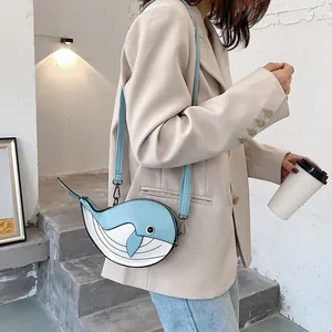 Cute blue and white whale shaped cartoon crossbody bag for fashionable women and girls