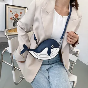 Cute Japanese style cartoon whale shaped crossbody bag with blue and white color block