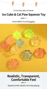 Close-up of colorful transparent cat paw and ice cube squishy toys on a yellow background