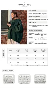 Detailed size chart and specifications for oversized green crewneck fleece sweatshirt