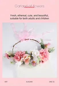 Hand-woven bridal floral crown with pink simulation flowers and delicate pink ribbons