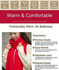 Detail view of a bright red soft knitted scarf worn by a model in winter.