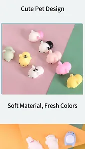 Detailed view of various mini animal mochi squishy toys in cute pastel colors for stress relief