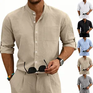 Multi-color men's linen stand collar shirts showing various fit and color options