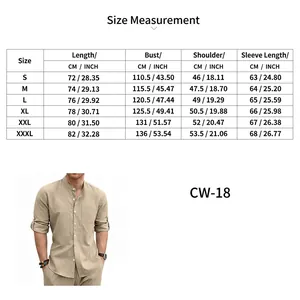 Size chart for men's linen stand collar shirt showing measurements in CM and inches.