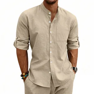 Close-up of a men's khaki linen shirt featuring a stand collar and chest pocket
