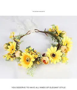 Detail of Mori style bridal wreath with yellow sunflowers and cream roses for hair