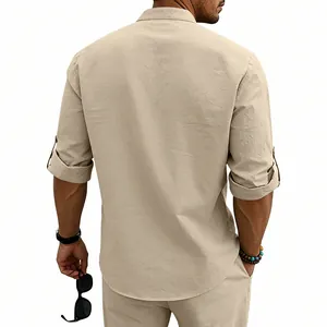 Back view detail of men's beige linen summer shirt with stand collar and rolled sleeves