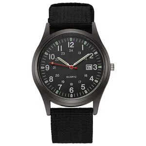 Front view of men's military quartz watch with black canvas strap and date display