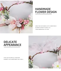 Detail of handmade bridal flower wreath with fabric blossoms and sheer pink ribbon