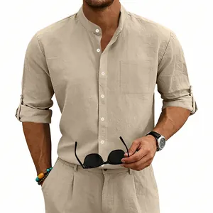 Men's summer linen stand collar shirt with button front and roll-up sleeves in khaki