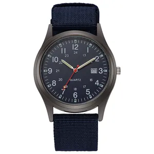 Military style men's quartz watch with navy blue canvas strap and date display.