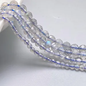 Natural faceted grey labradorite round beads with blue flash for DIY jewelry making.