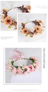 Close-up of handmade forest style bridal flower wreaths with elegant ribbons and silk flowers.