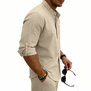 Detailed side profile of a men's summer linen shirt featuring a stand-up collar