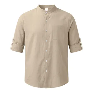Front view of khaki linen stand collar shirt showing pocket and button details