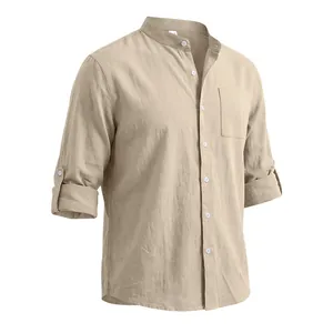 Detailed view of men's khaki linen stand collar shirt with rolled sleeves and pocket