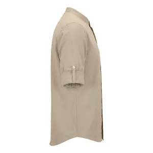 Side profile of a khaki linen stand collar shirt for men with rolled-up sleeves