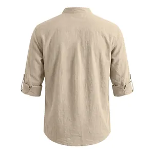 Back view of men's beige linen shirt with roll-up sleeves and stand collar