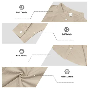 Close-up details of men's linen shirt showing the neck, cuffs, hem and breathable fabric.