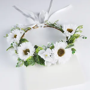 Handmade white artificial floral bridal crown with ribbon for wedding and photography