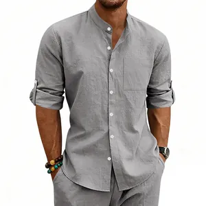 Casual men's grey linen shirt featuring a mandarin collar and adjustable sleeves